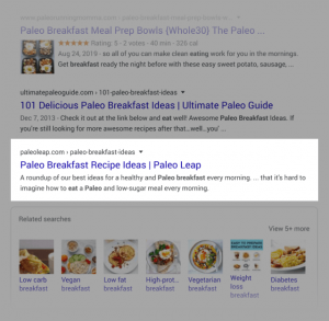 SERP en Google Desayunos en dieta paleo