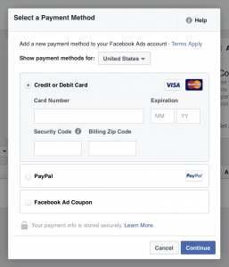 Agregar nuevo método de pago en Facebook Ads