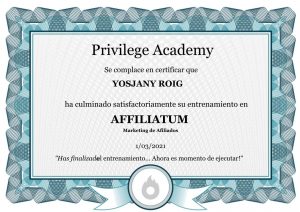 Certificado de Affiliatum Yosjany Roig